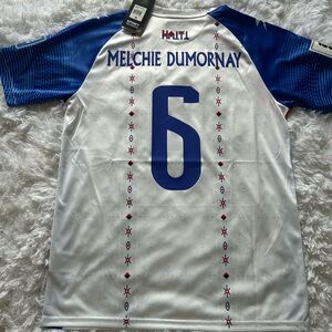 Haiti Melchie Dumornay #6 Men's White & Blue Soccer Jersey